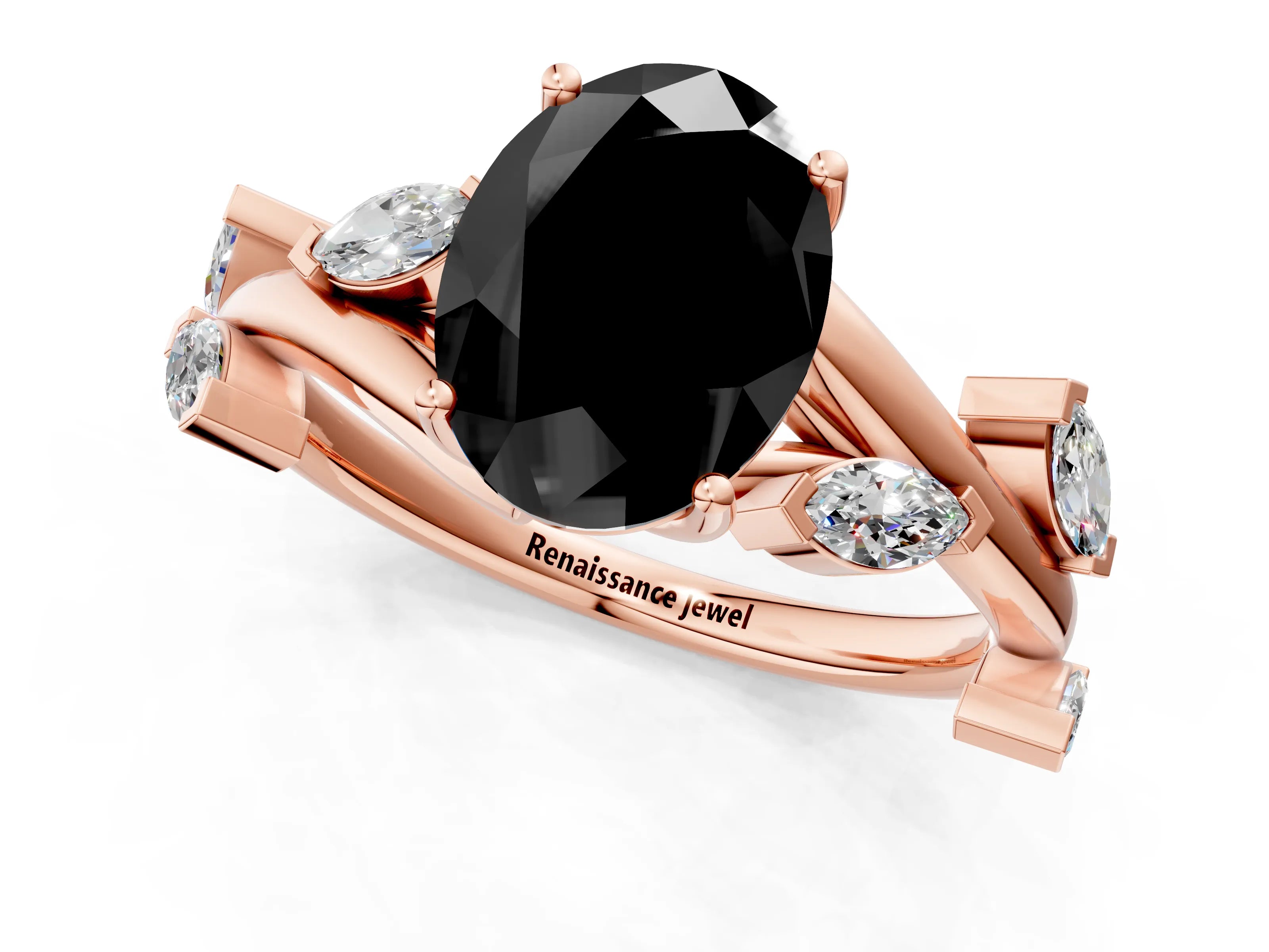 Rose gold Fancy Black Oval Cut Solitaire Twisted Band Marquise Accent Prong Setting Ring_1