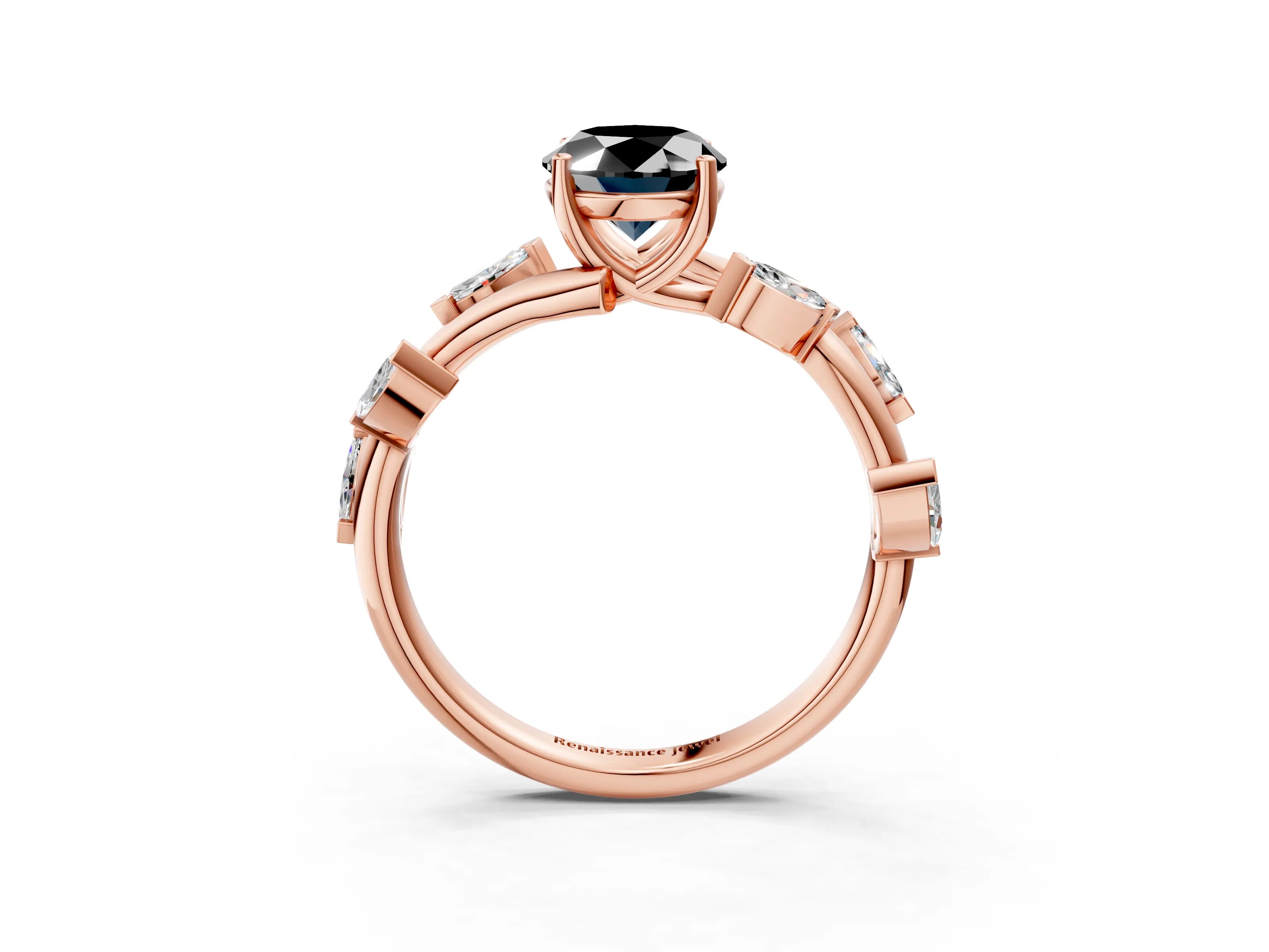Rose gold Fancy Black Oval Cut Solitaire Twisted Band Marquise Accent Prong Setting Ring_3