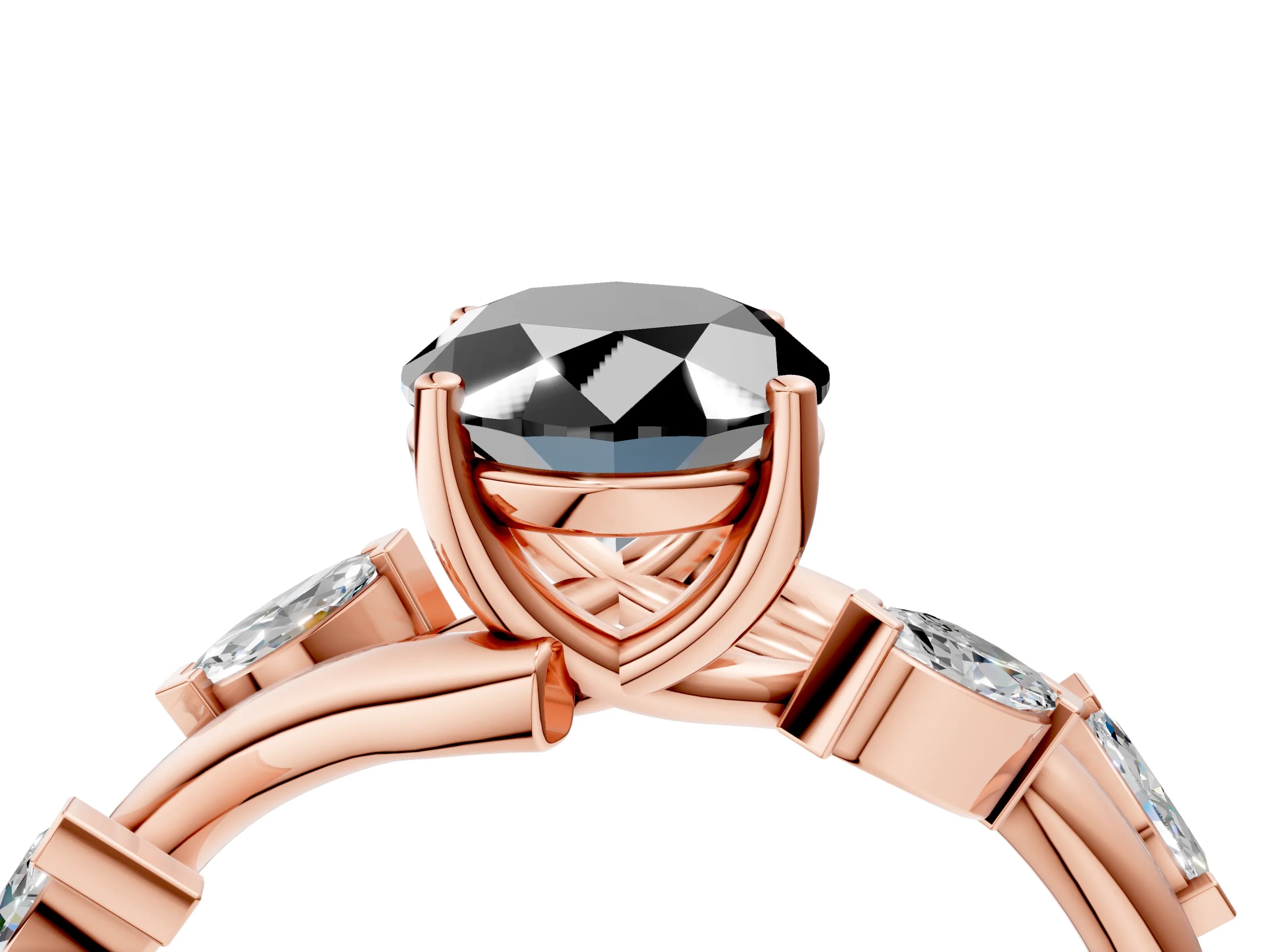 Rose gold Fancy Black Oval Cut Solitaire Twisted Band Marquise Accent Prong Setting Ring_4