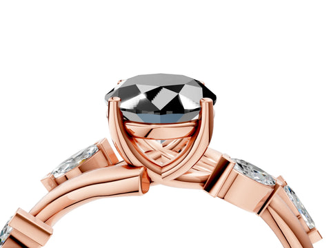 Rose gold Fancy Black Oval Cut Solitaire Twisted Band Marquise Accent Prong Setting Ring_4