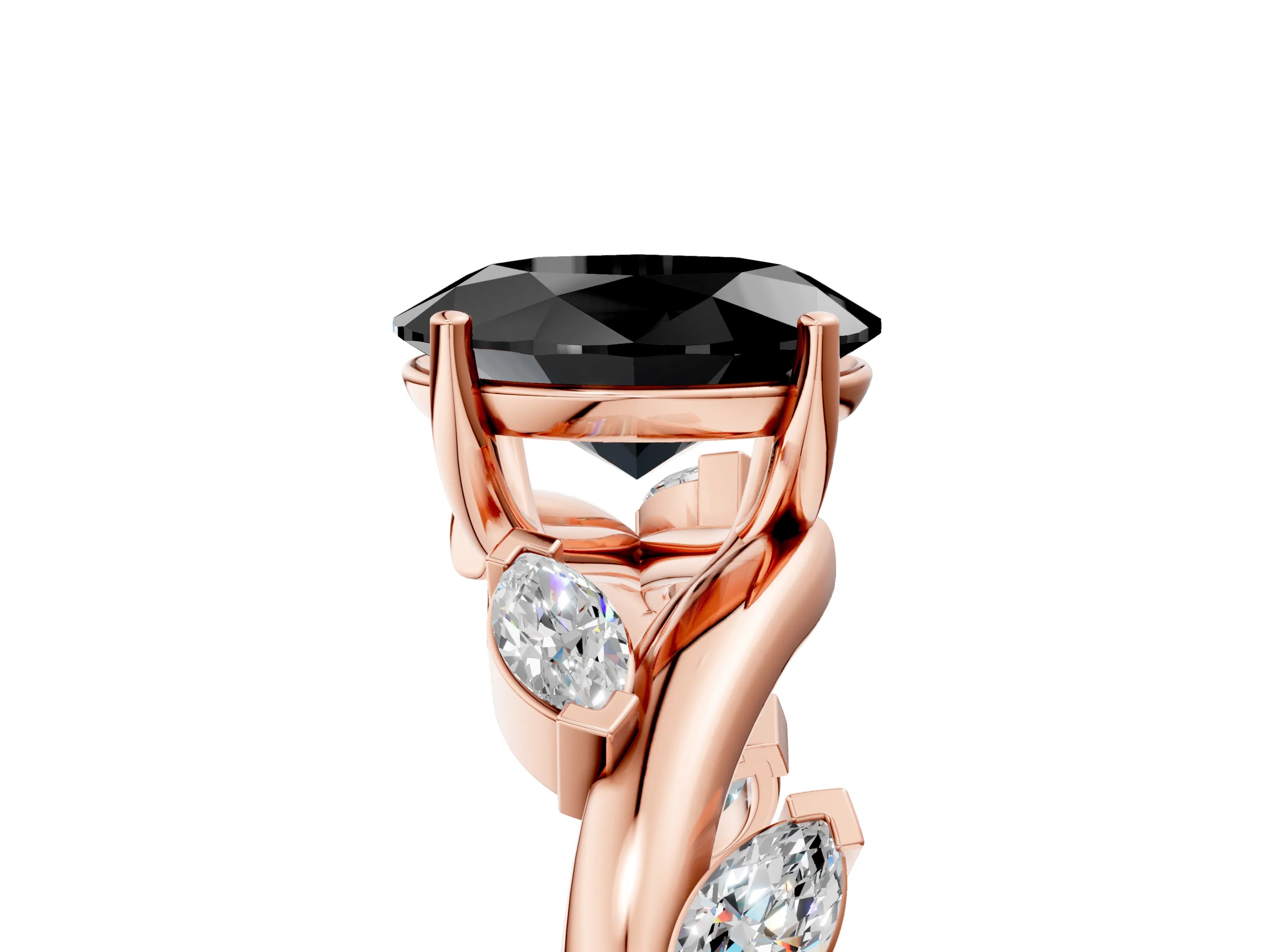 Rose gold Fancy Black Oval Cut Solitaire Twisted Band Marquise Accent Prong Setting Ring_5