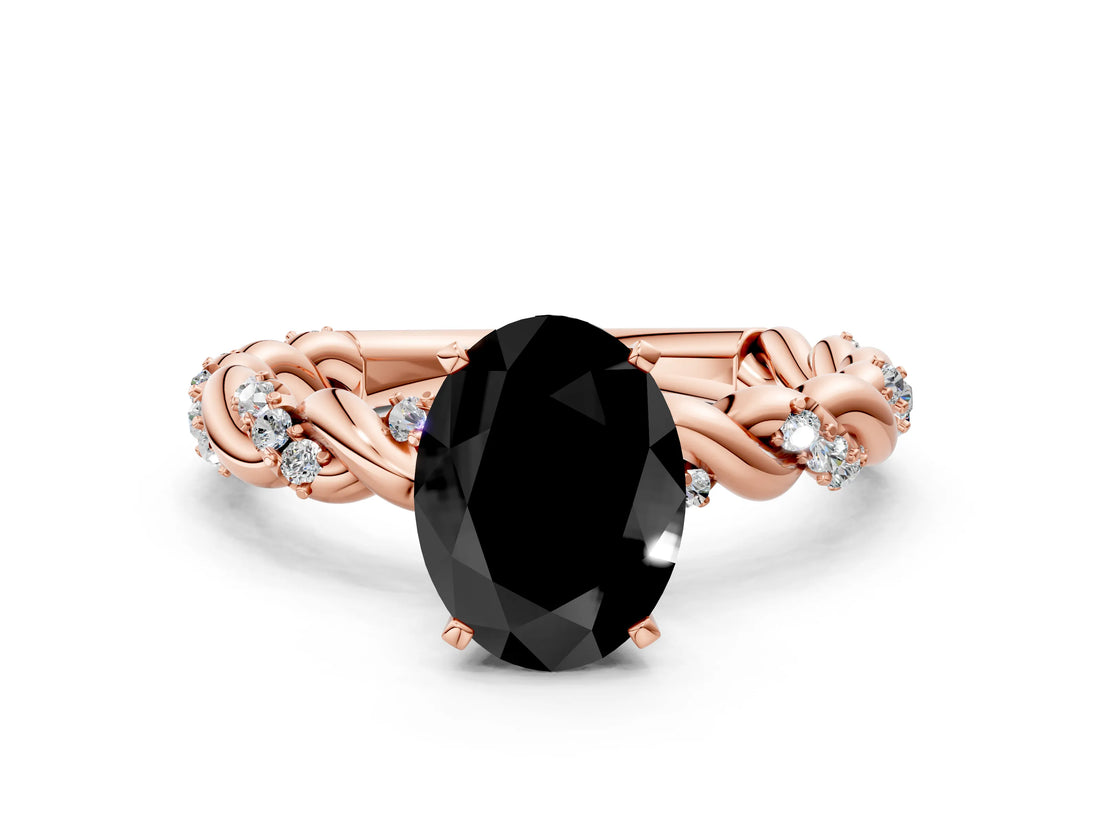 Rose gold Fancy Black Oval Cut Solitaire Twisted Band with Pavé Accents and Four-Prong Setting