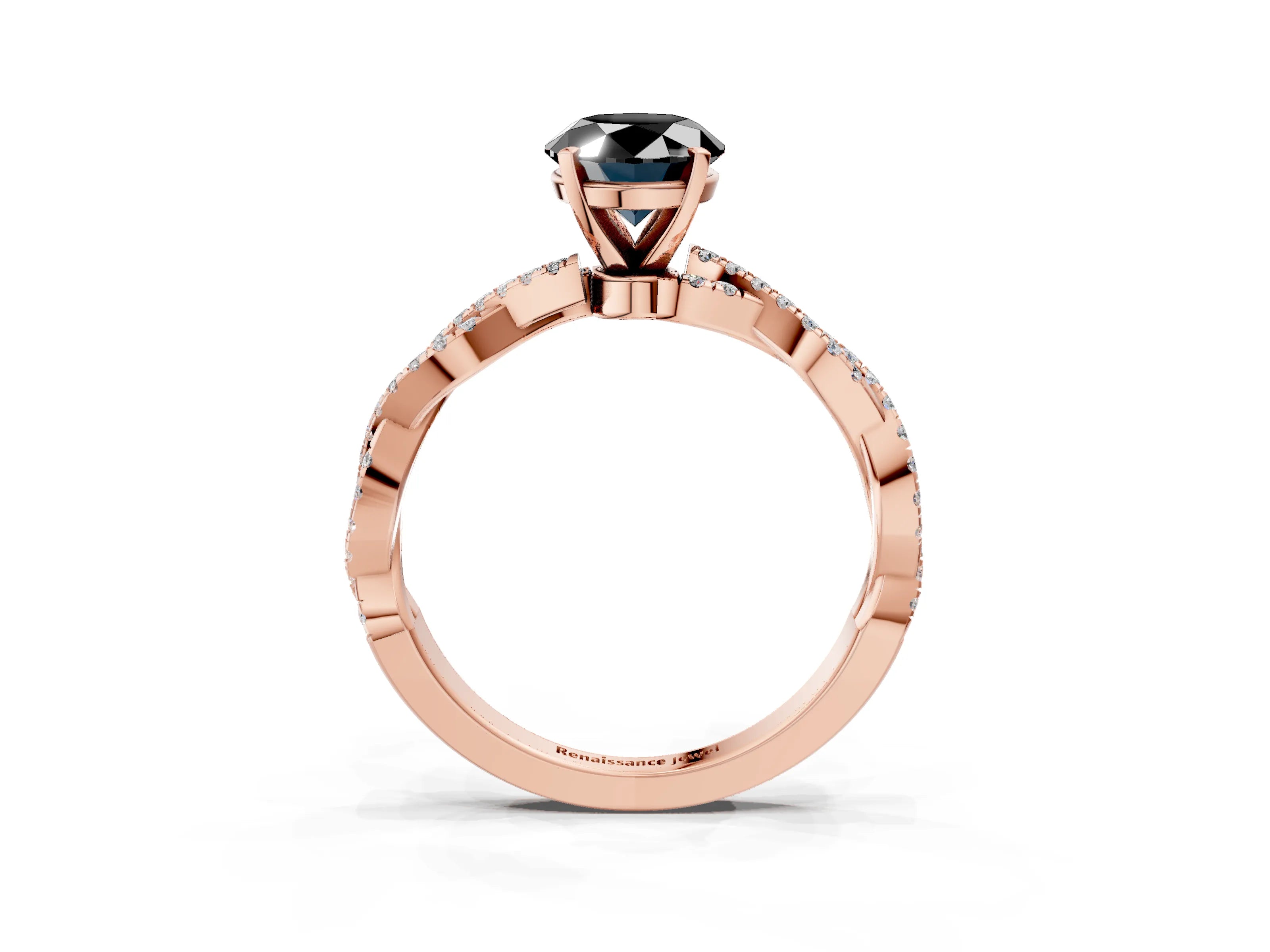 Rose gold Fancy Black Oval Cut Solitaire Twisted Pave Band with Four-Prong Setting_6
