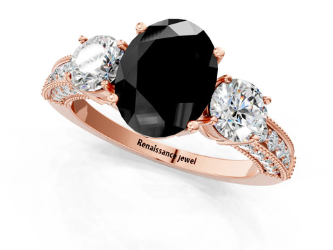 Rose gold Fancy Black Oval Cut Three-Stone Diamond Ring with Pavé Band and Four-Prong Setting_1
