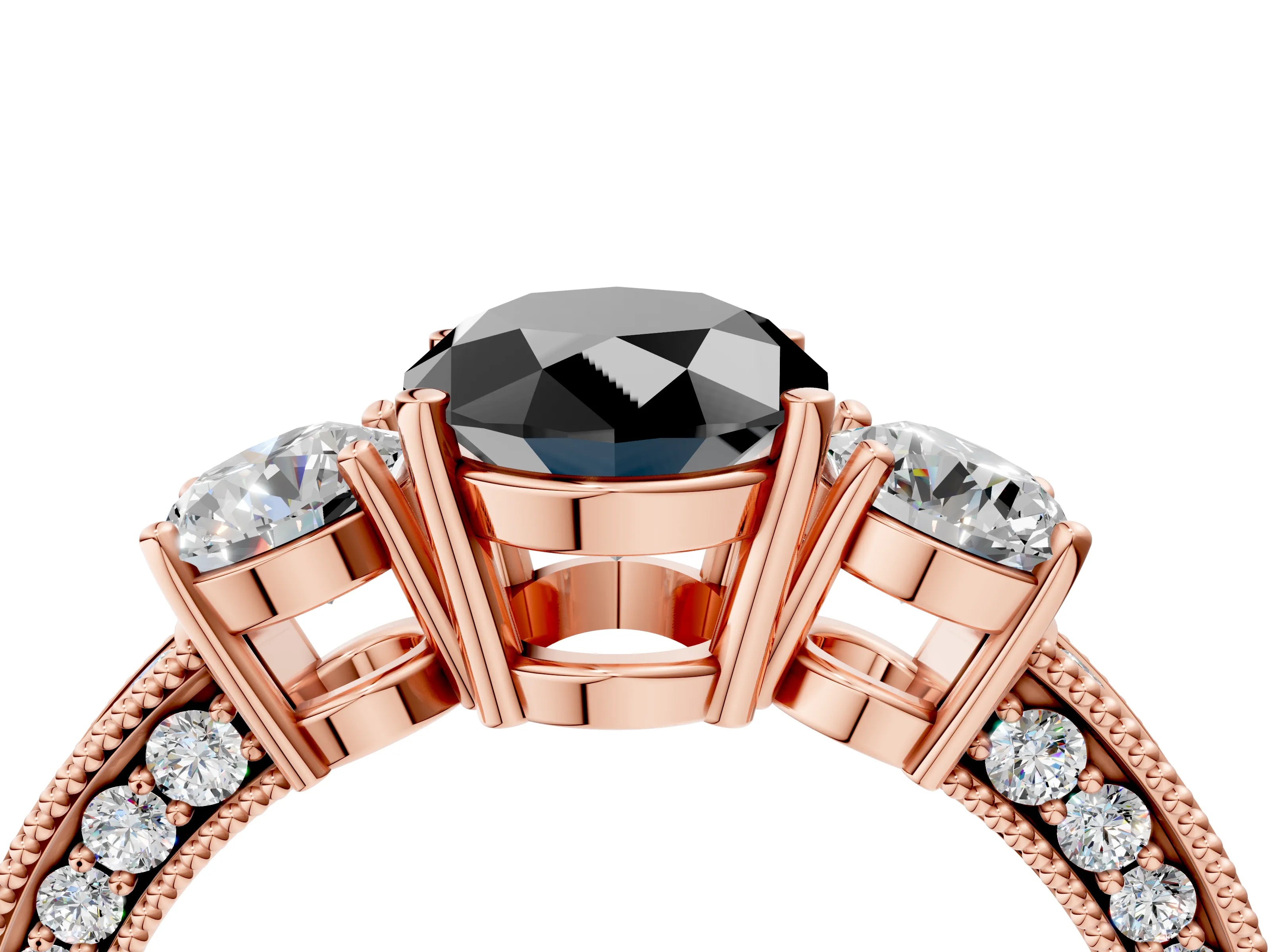 Rose gold Fancy Black Oval Cut Three-Stone Diamond Ring with Pavé Band and Four-Prong Setting_4