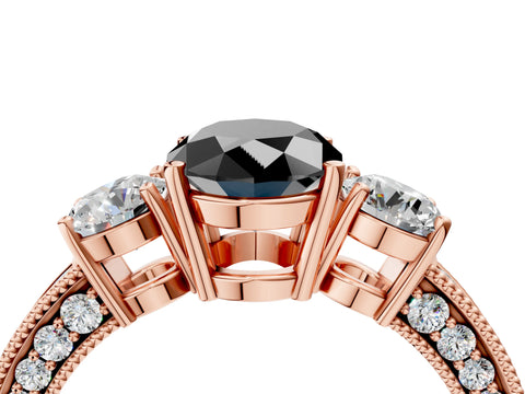 Rose gold Fancy Black Oval Cut Three-Stone Diamond Ring with Pavé Band and Four-Prong Setting_4