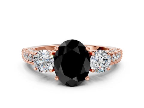 Rose gold Fancy Black Oval Cut Three-Stone Diamond Ring with Pavé Band and Four-Prong Setting