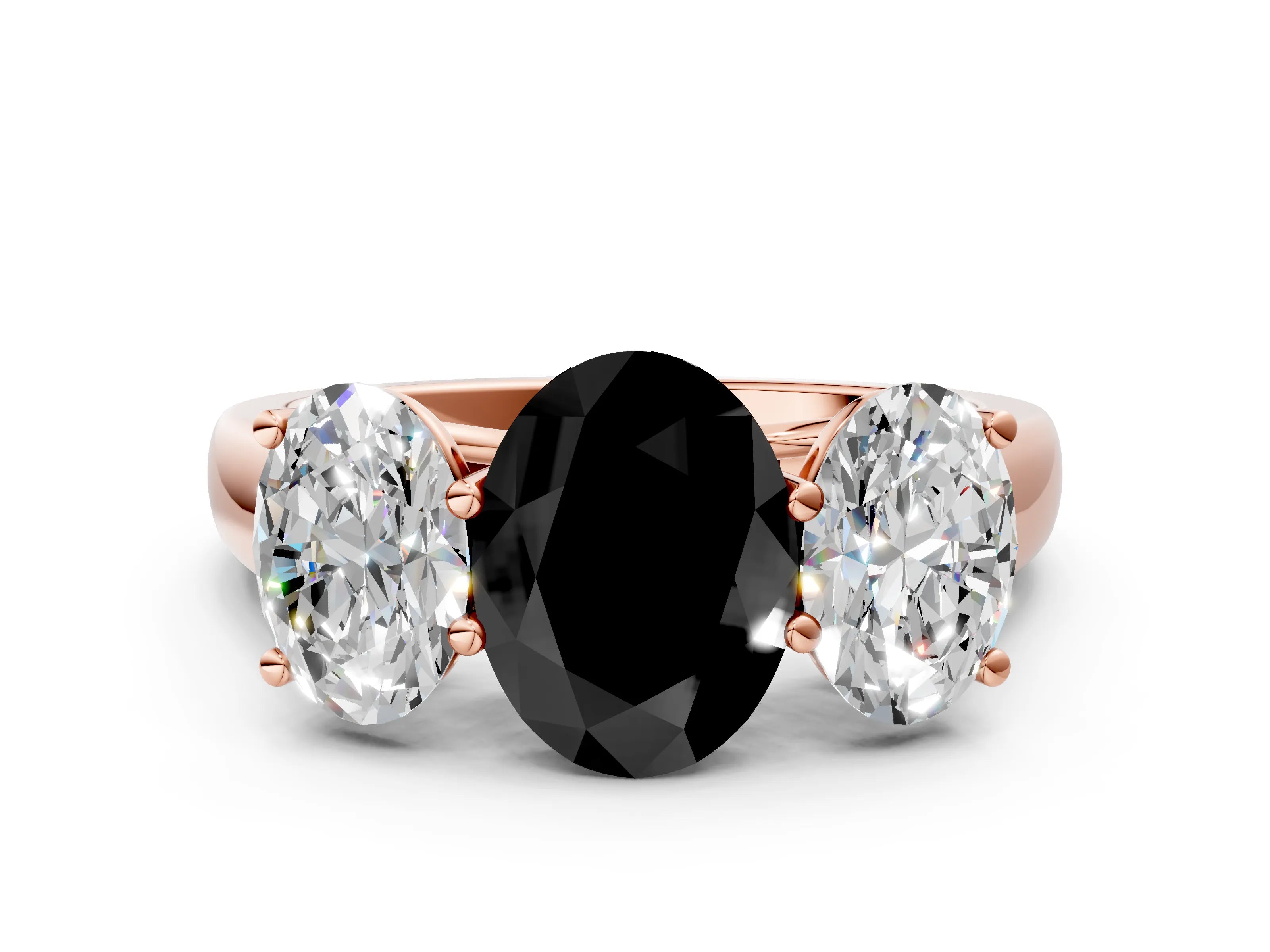 Rose gold Fancy Black Oval Cut Three-Stone Diamond Ring with Prong Setting on a Classic Band