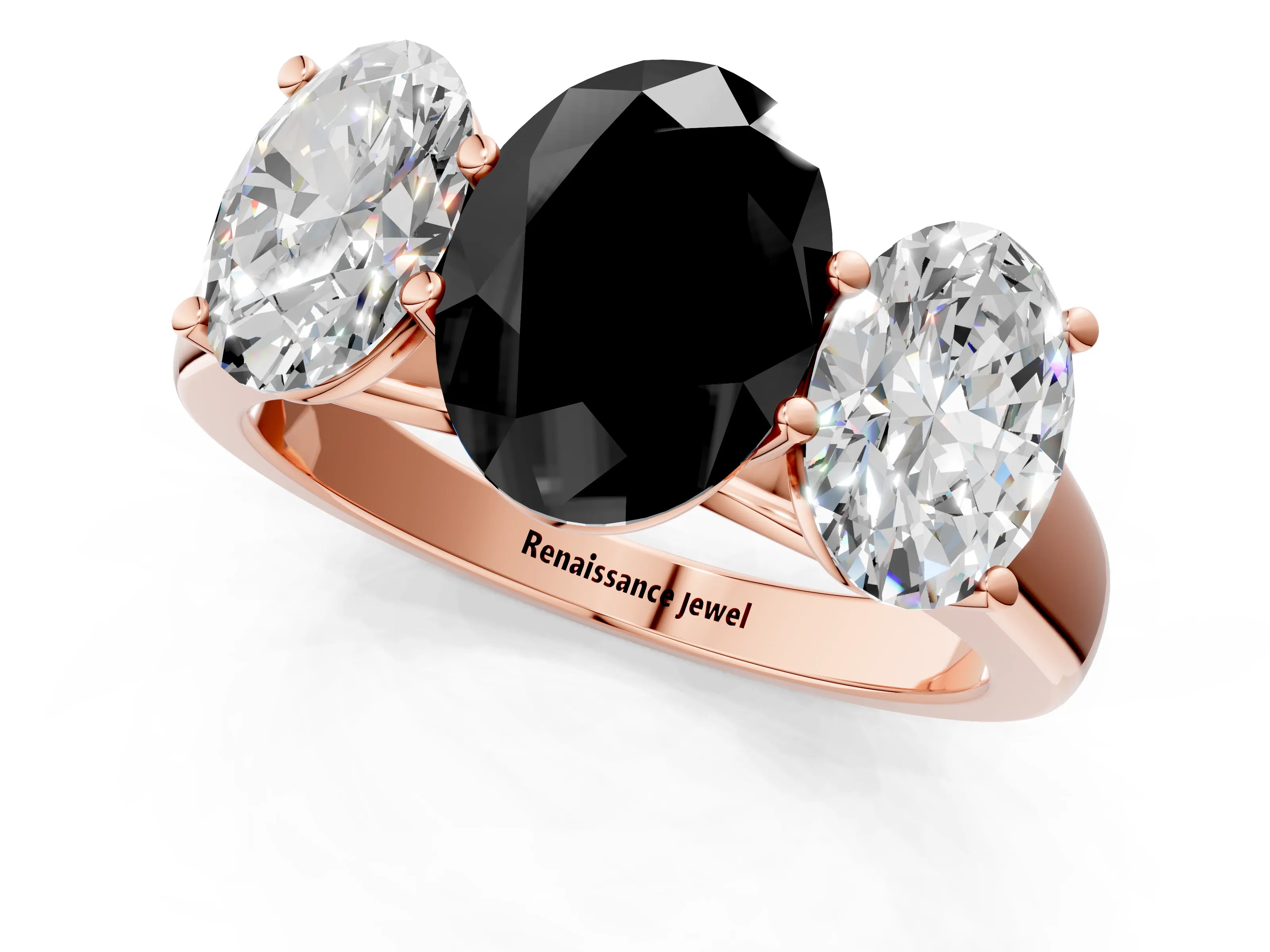 Rose gold Fancy Black Oval Cut Three-Stone Diamond Ring with Prong Setting on a Classic Band_1