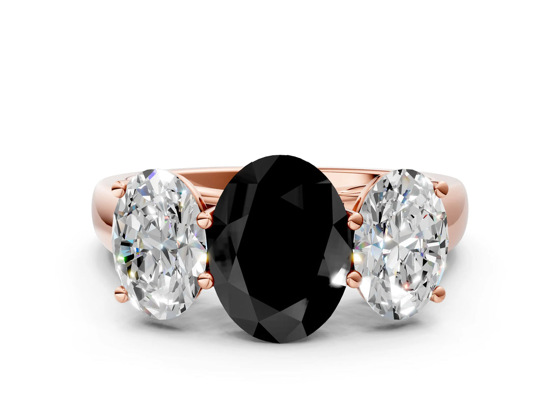 Rose gold Fancy Black Oval Cut Three-Stone Diamond Ring with Prong Setting on a Classic Band_12