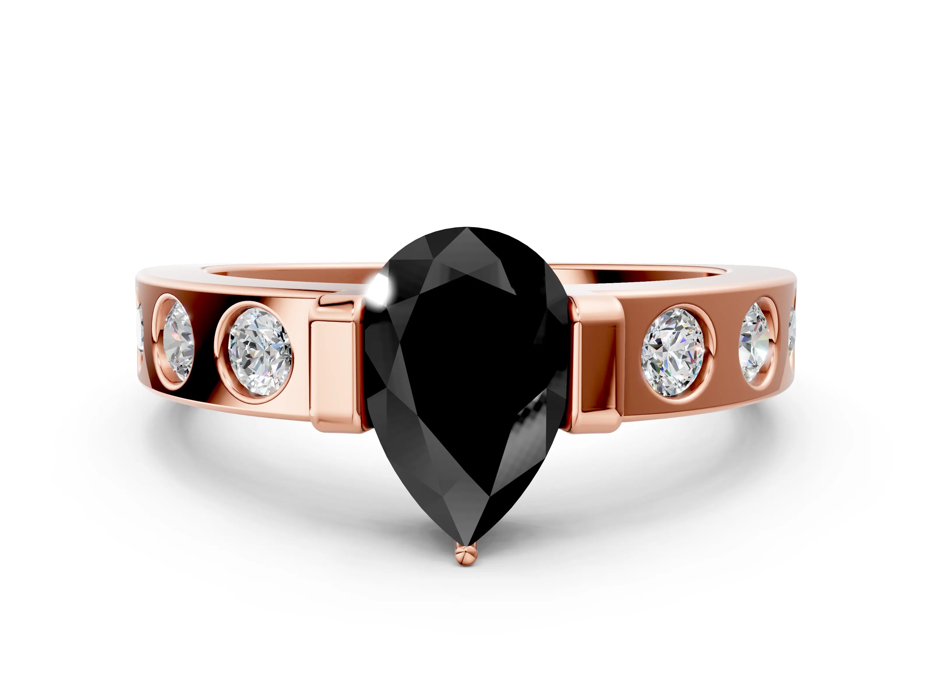 Rose gold Fancy Black Pear Cut Brilliant Channel-Set Diamond Ring with Bezel Prong Setting