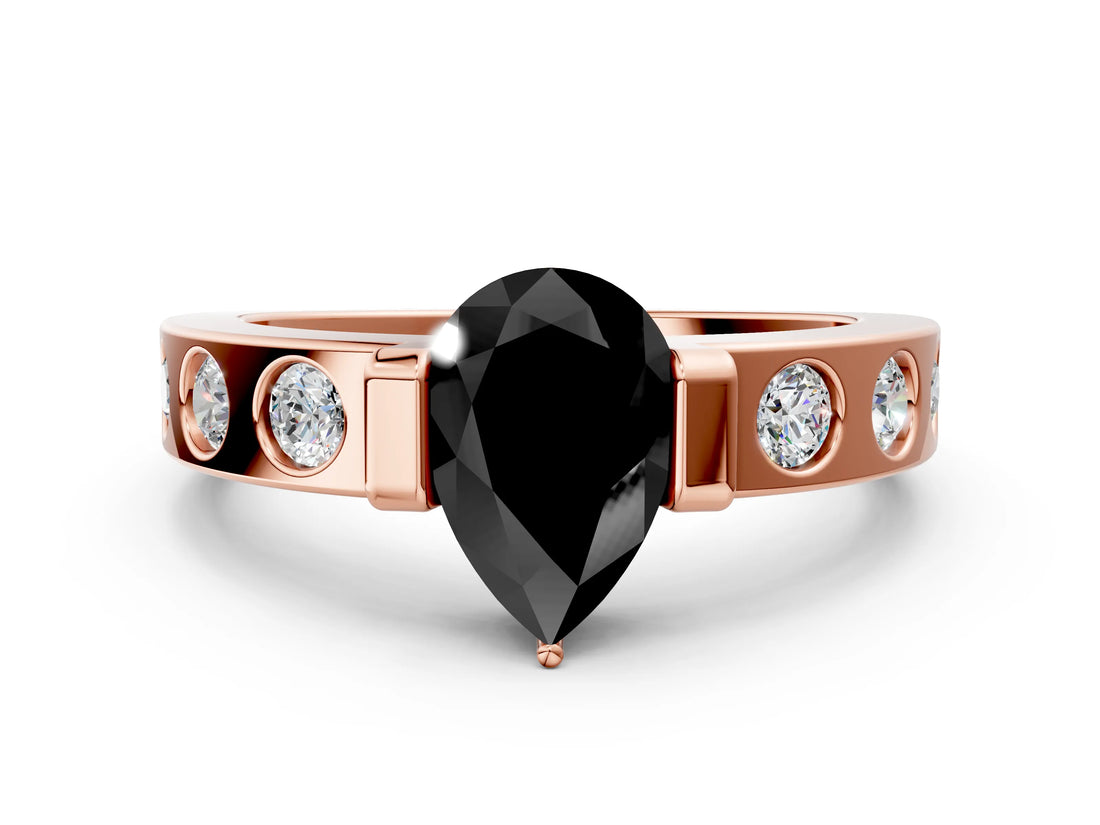 Rose gold Fancy Black Pear Cut Brilliant Channel-Set Diamond Ring with Bezel Prong Setting