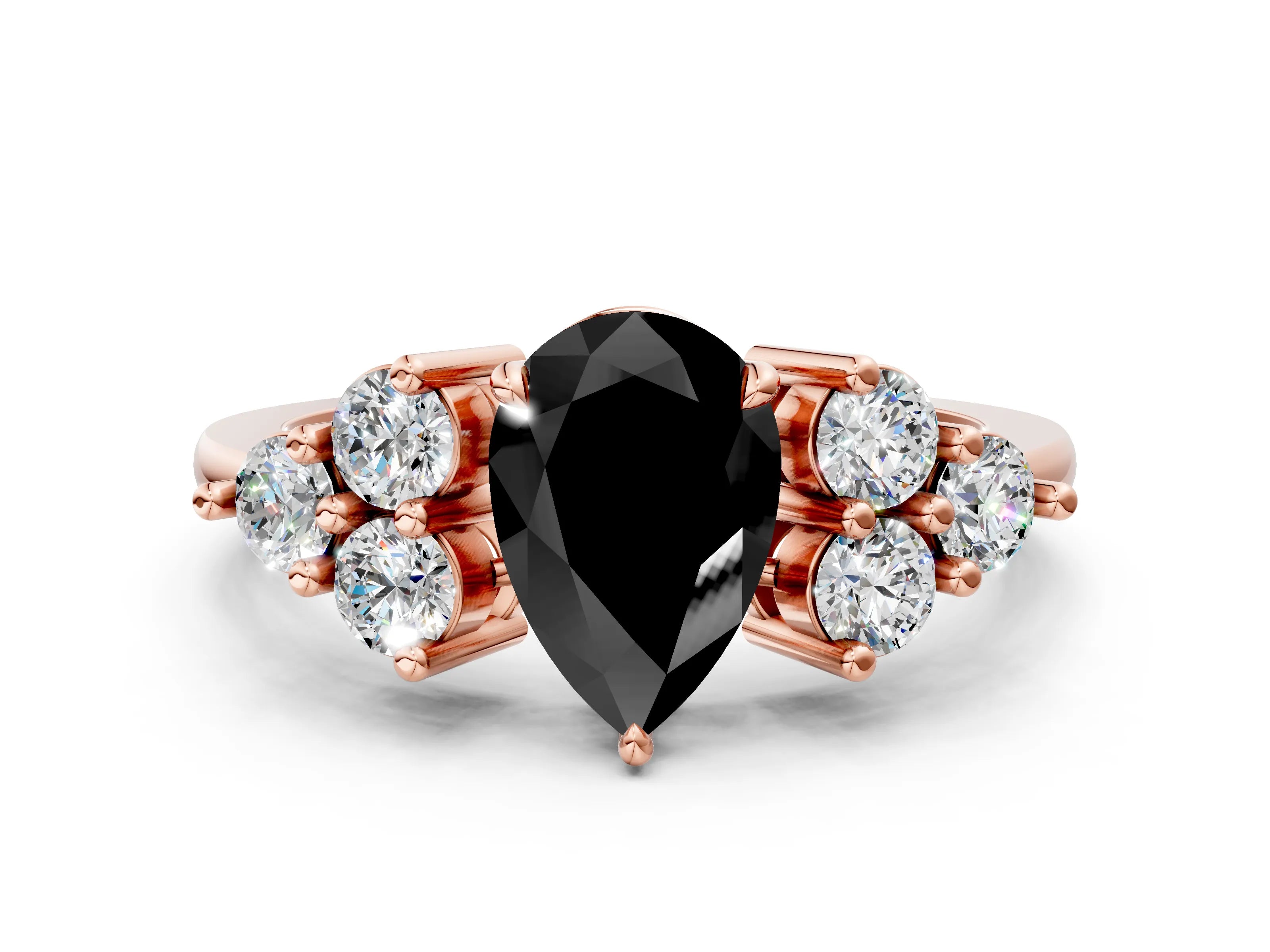 Rose gold Fancy Black Pear Cut Brilliant Diamond Cluster Accent Solitaire Ring with Prong Setting