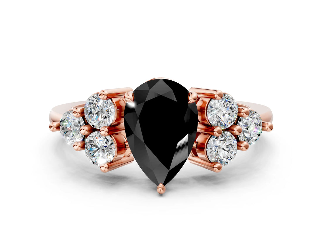 Rose gold Fancy Black Pear Cut Brilliant Diamond Cluster Accent Solitaire Ring with Prong Setting