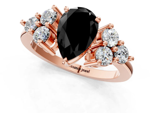 Rose gold Fancy Black Pear Cut Brilliant Diamond Cluster Accent Solitaire Ring with Prong Setting_1