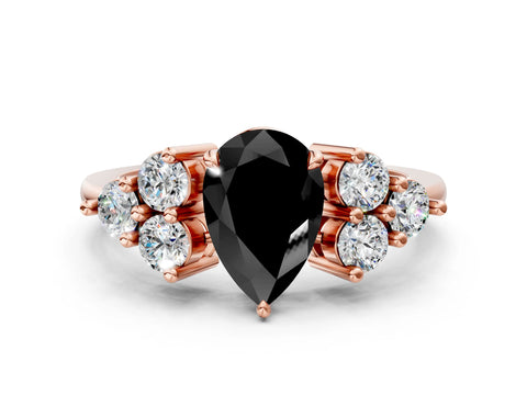 Rose gold Fancy Black Pear Cut Brilliant Diamond Cluster Accent Solitaire Ring with Prong Setting