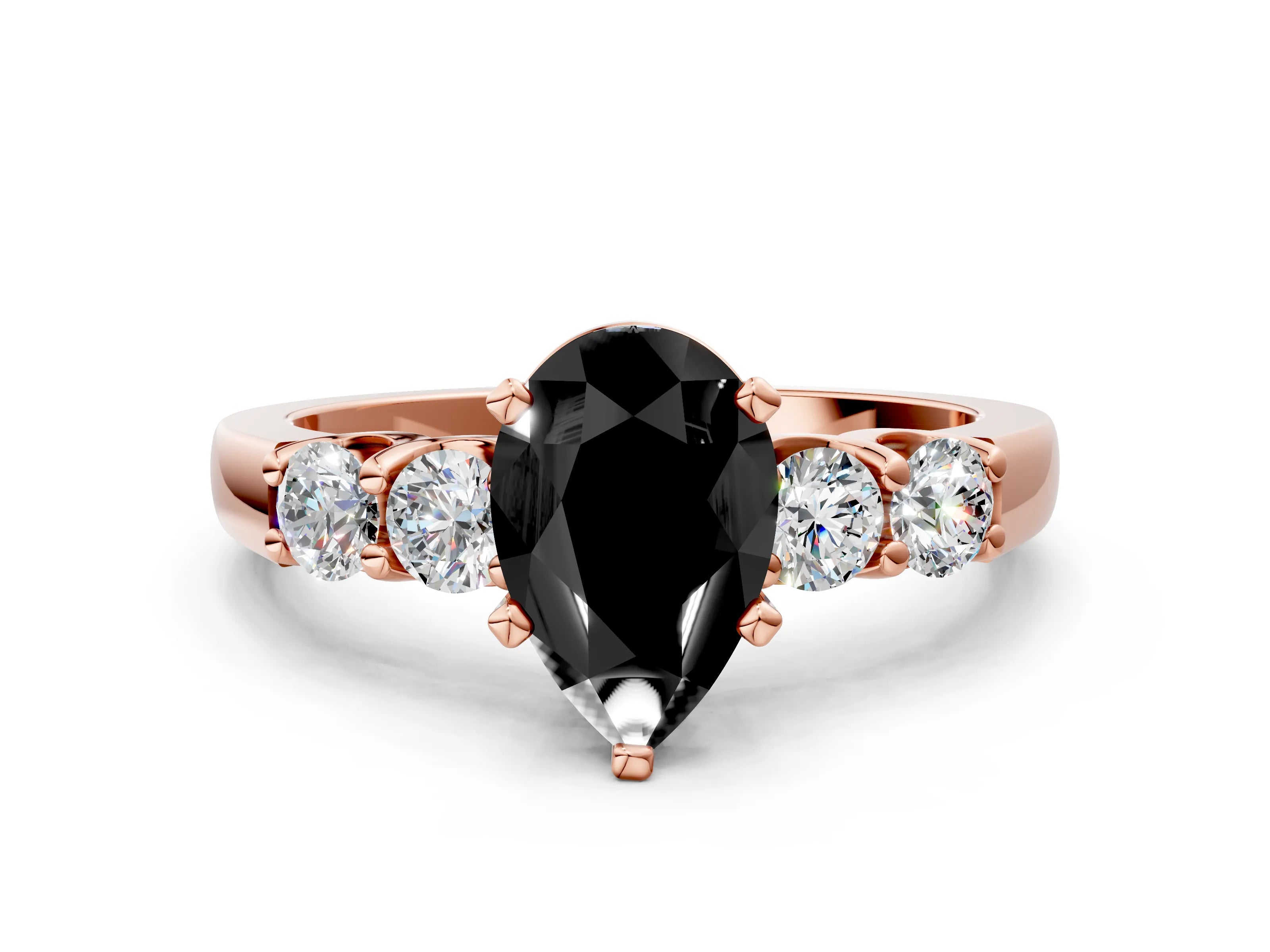 Rose gold Fancy Black Pear Cut Brilliant Diamond Five-Stone Engagement Ring with Prong Setting on a Classic Band_3
