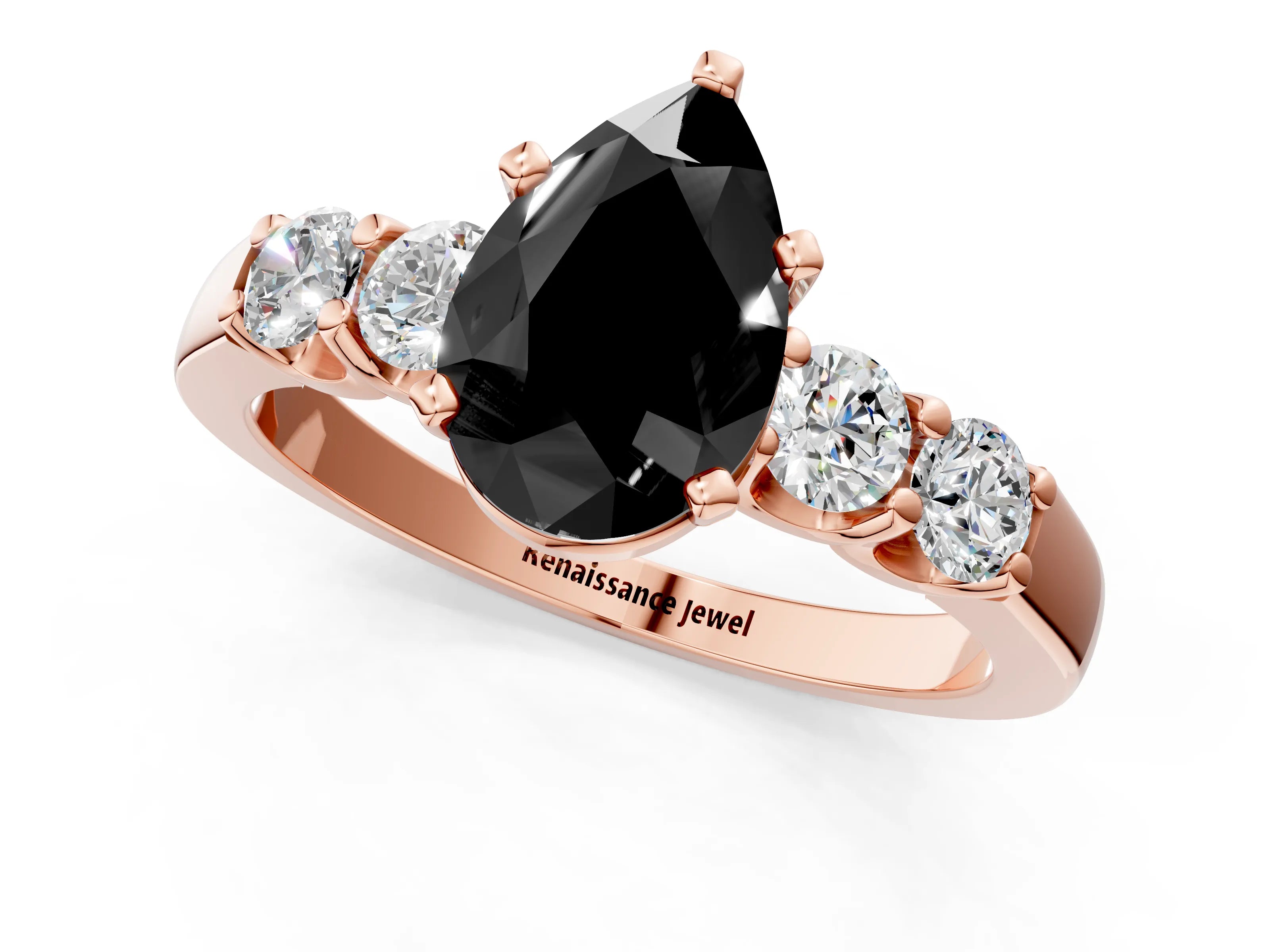 Rose gold Fancy Black Pear Cut Brilliant Diamond Five-Stone Engagement Ring with Prong Setting on a Classic Band_4