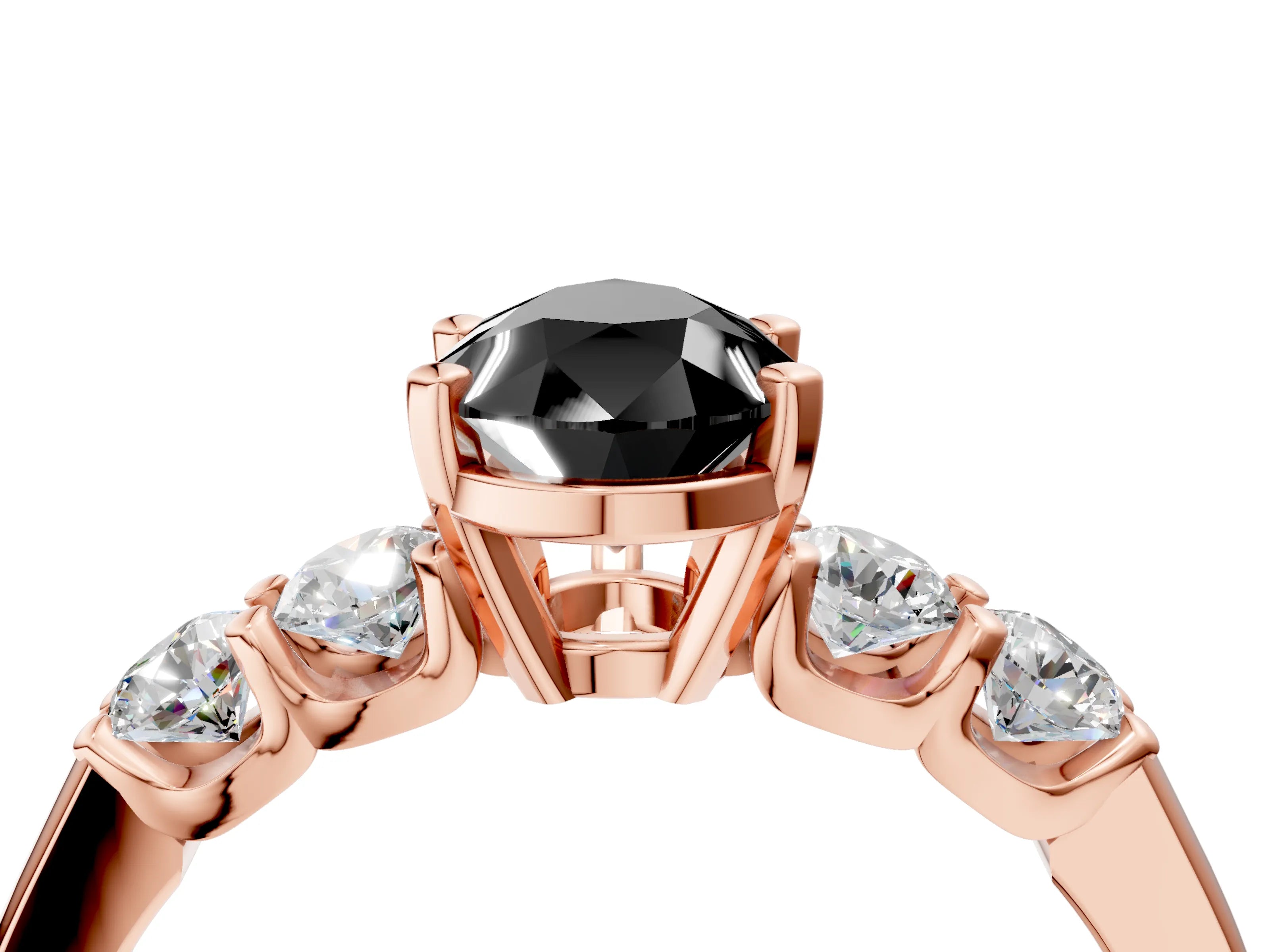 Rose gold Fancy Black Pear Cut Brilliant Diamond Five-Stone Engagement Ring with Prong Setting on a Classic Band_7