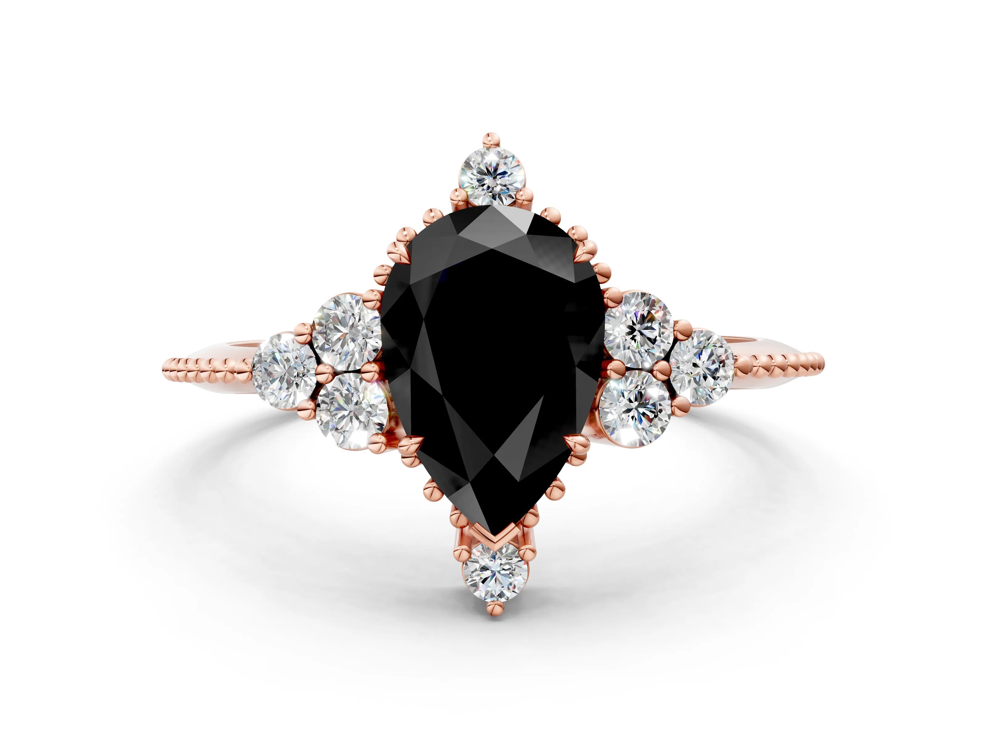 Rose gold Fancy Black Pear Cut Brilliant Diamond with Cluster Setting on a Beaded Band and Four-Prong Setting