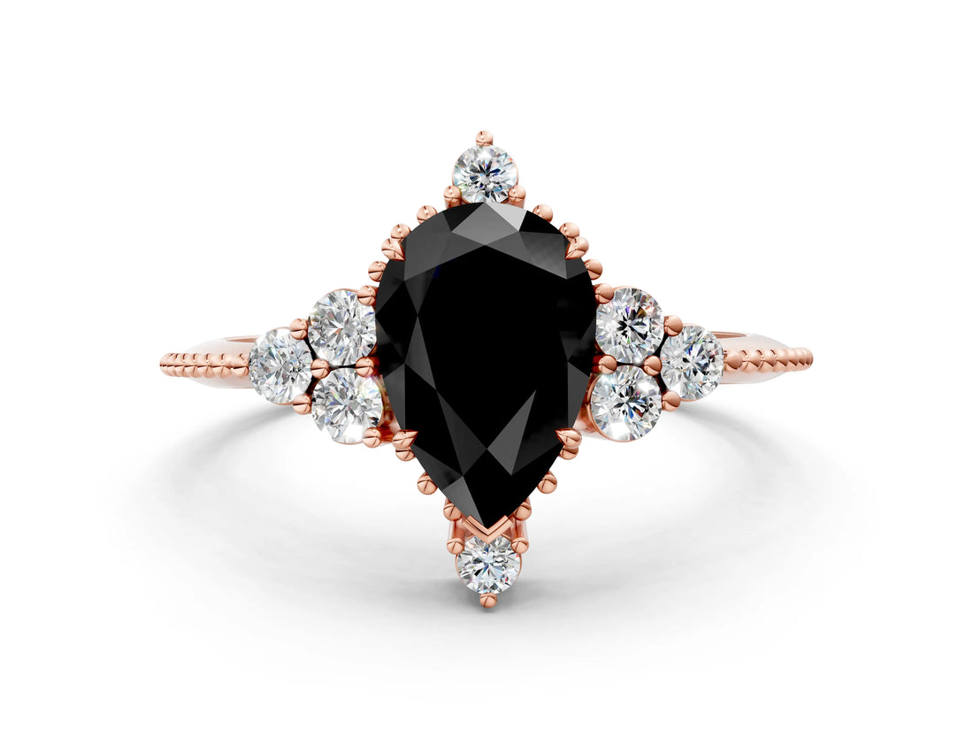 Rose gold Fancy Black Pear Cut Brilliant Diamond with Cluster Setting on a Beaded Band and Four-Prong Setting