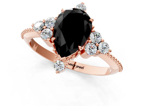 Rose gold Fancy Black Pear Cut Brilliant Diamond with Cluster Setting on a Beaded Band and Four-Prong Setting_1