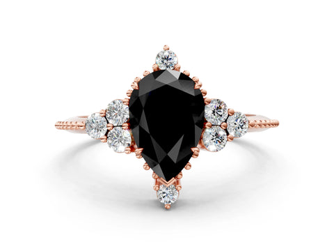 Rose gold Fancy Black Pear Cut Brilliant Diamond with Cluster Setting on a Beaded Band and Four-Prong Setting
