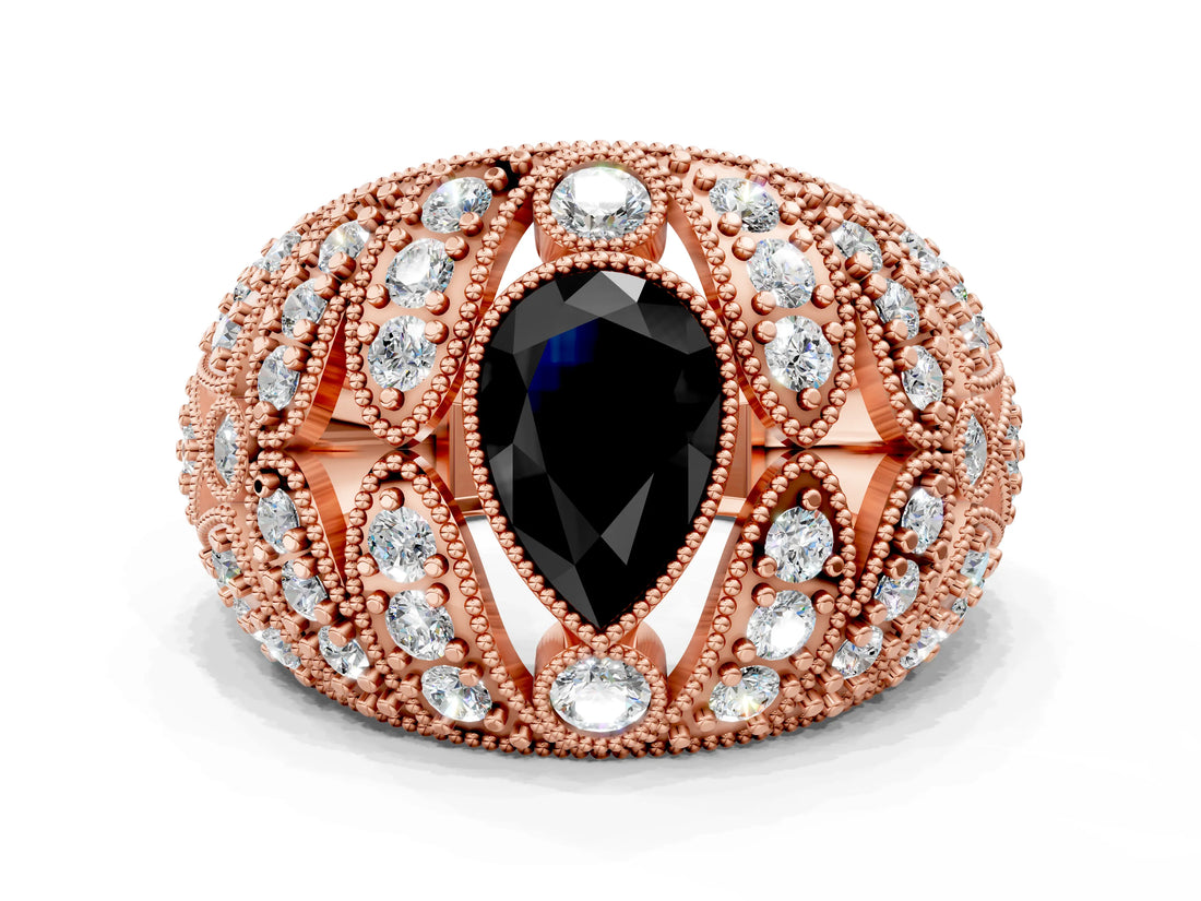 Rose gold Fancy Black Pear Cut Brilliant Halo Pave Diamond Milgrain Ring