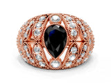 Rose gold Fancy Black Pear Cut Brilliant Halo Pave Diamond Milgrain Ring