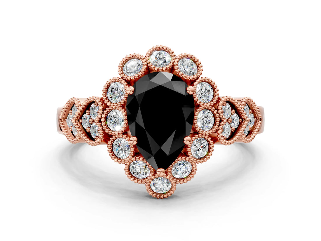 Rose gold Fancy Black Pear Cut Brilliant Milgrain Pave Heart Band Solitaire Ring