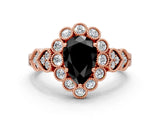 Rose gold Fancy Black Pear Cut Brilliant Milgrain Pave Heart Band Solitaire Ring