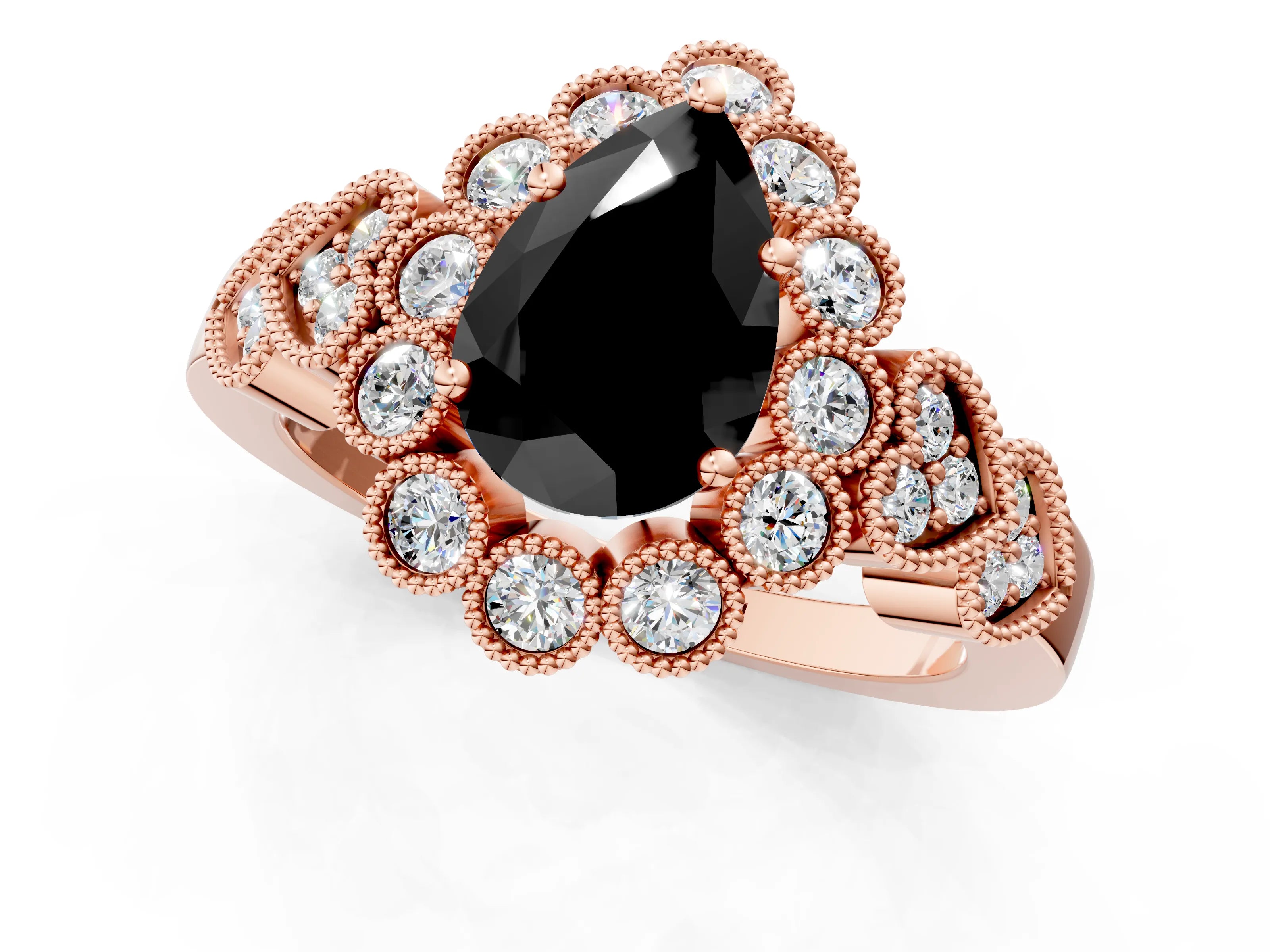 Rose gold Fancy Black Pear Cut Brilliant Milgrain Pave Heart Band Solitaire Ring_1