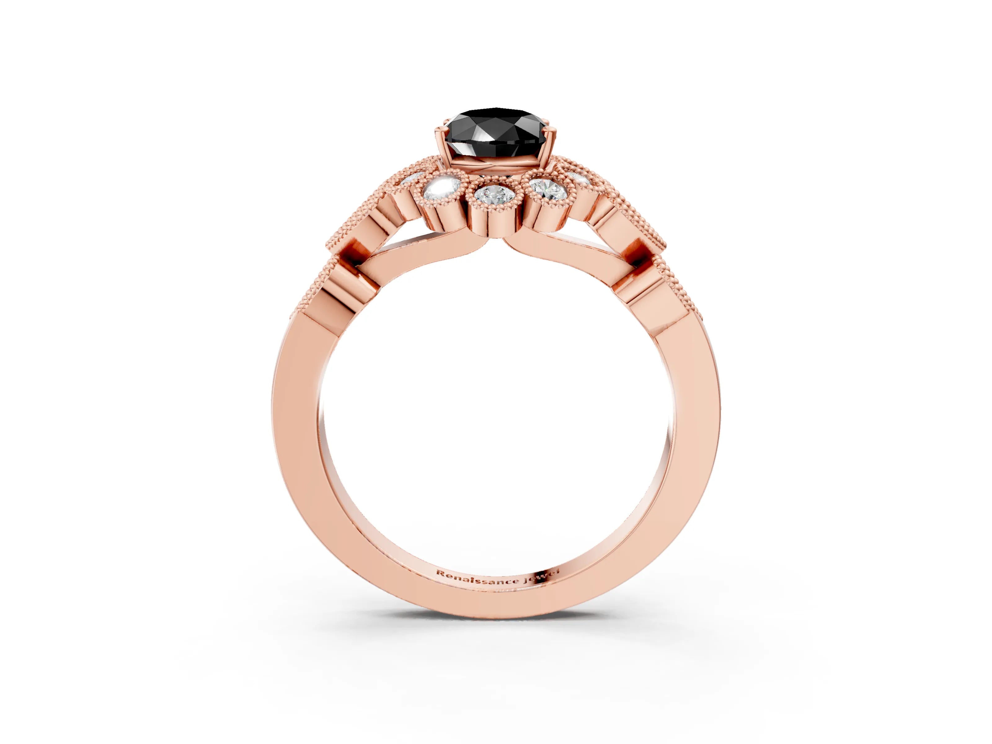Rose gold Fancy Black Pear Cut Brilliant Milgrain Pave Heart Band Solitaire Ring_3