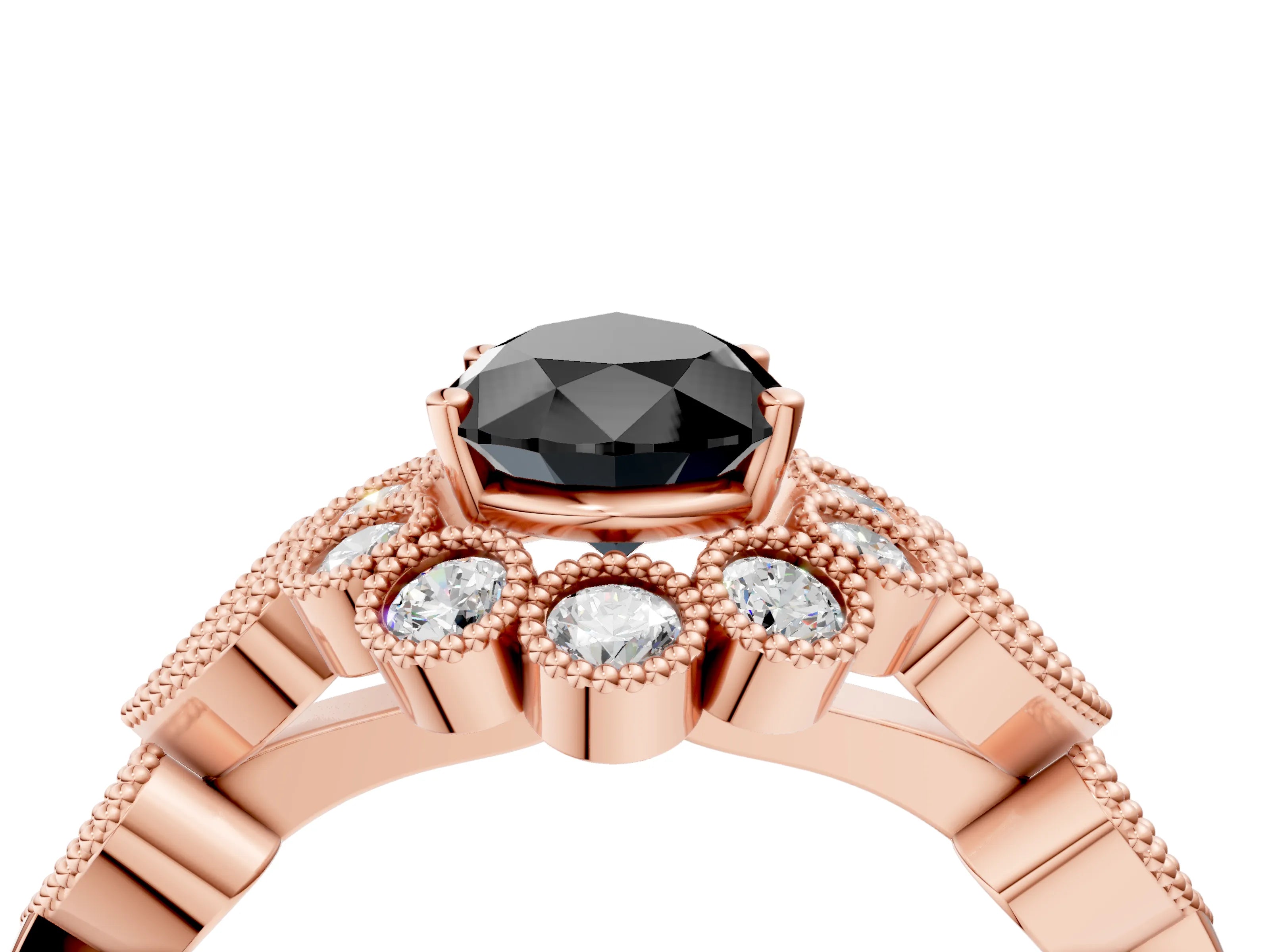 Rose gold Fancy Black Pear Cut Brilliant Milgrain Pave Heart Band Solitaire Ring_4