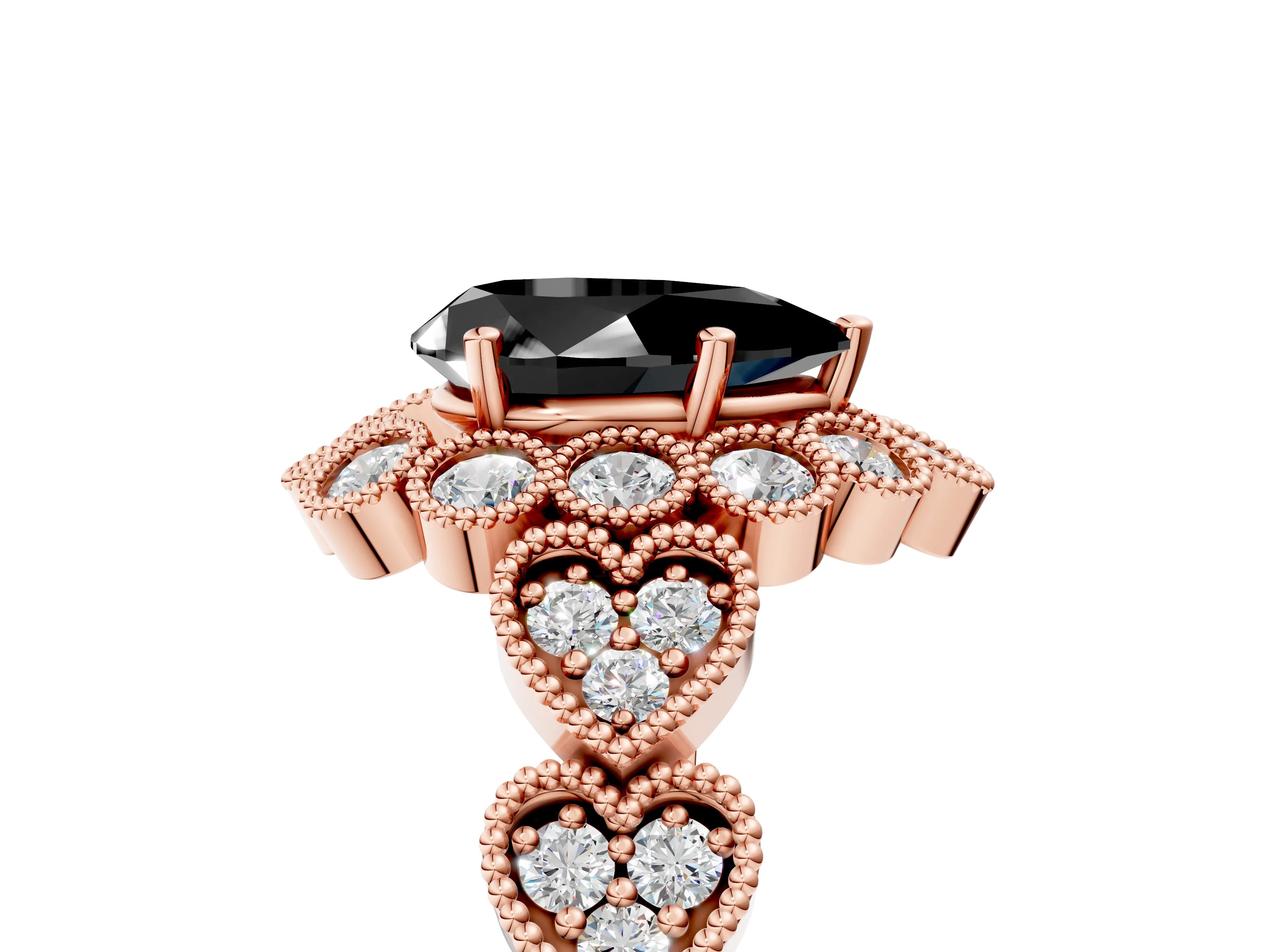 Rose gold Fancy Black Pear Cut Brilliant Milgrain Pave Heart Band Solitaire Ring_5