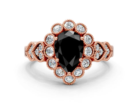 Rose gold Fancy Black Pear Cut Brilliant Milgrain Pave Heart Band Solitaire Ring