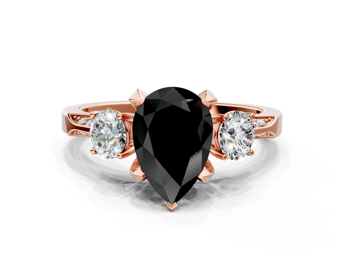 Rose gold Fancy Black Pear Cut Brilliant Three-Stone Diamond Ring with Pavé Band and Four-Prong Setting_3
