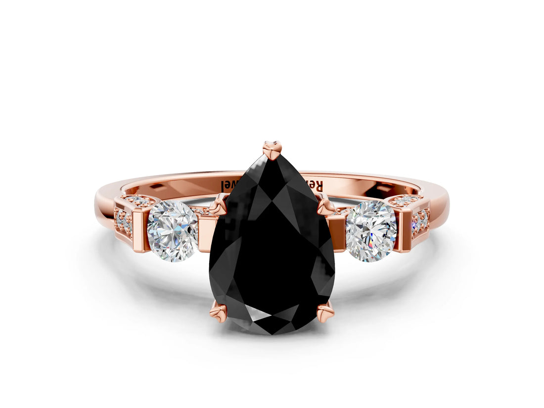 Rose gold Fancy Black Pear Cut Brilliant Three-Stone Pave Band with Four-Prong Setting