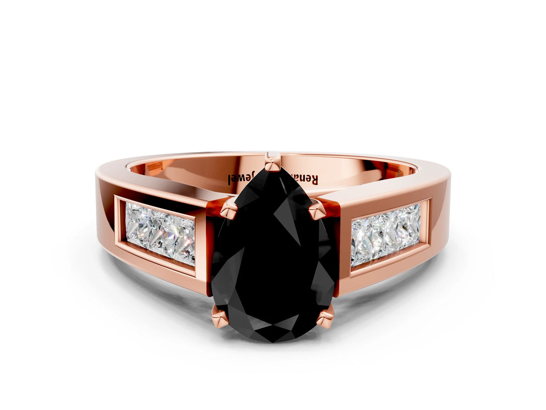 Rose gold Fancy Black Pear Cut Cut Channel Set Solitaire Ring with Four-Prong Setting