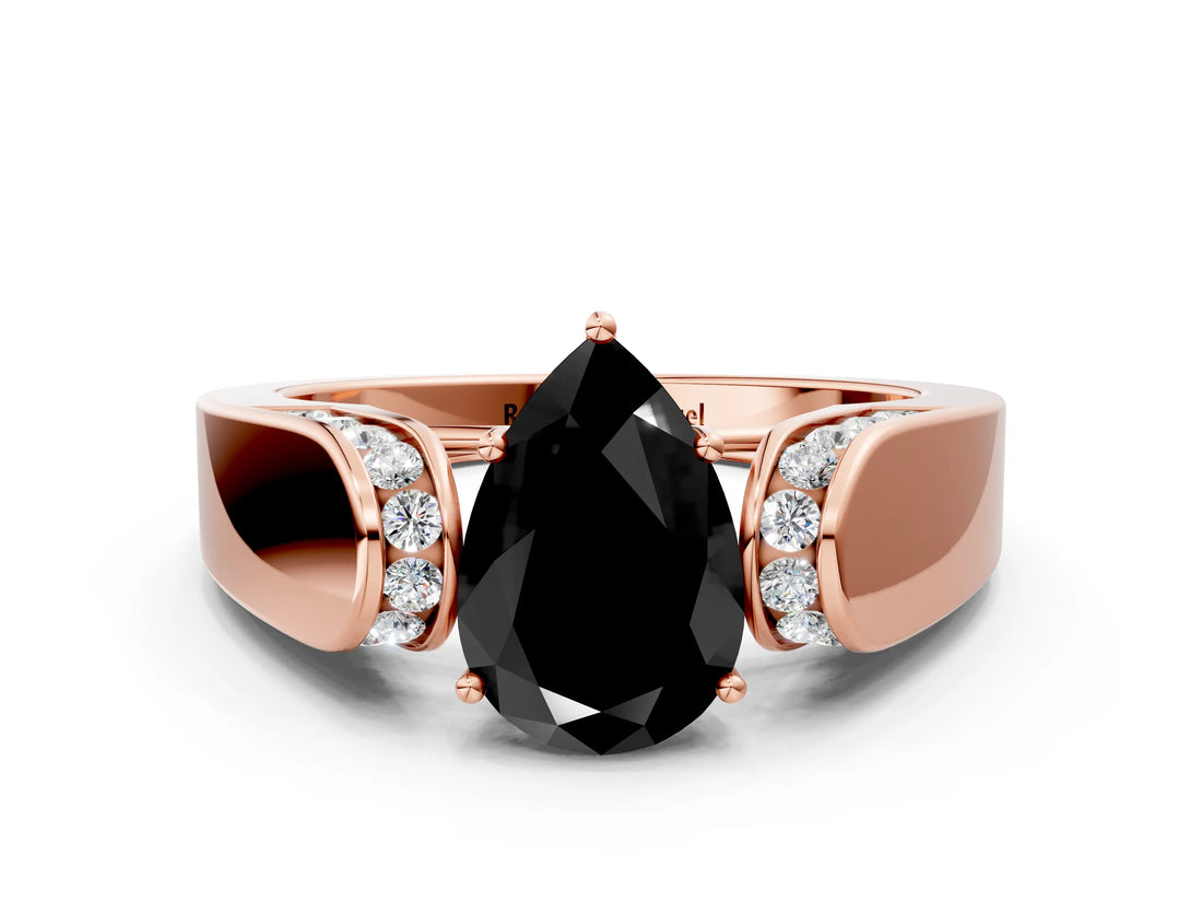 Rose gold Fancy Black Pear Cut Cut Diamond Channel Set Solitaire Ring with Four-Prong Setting