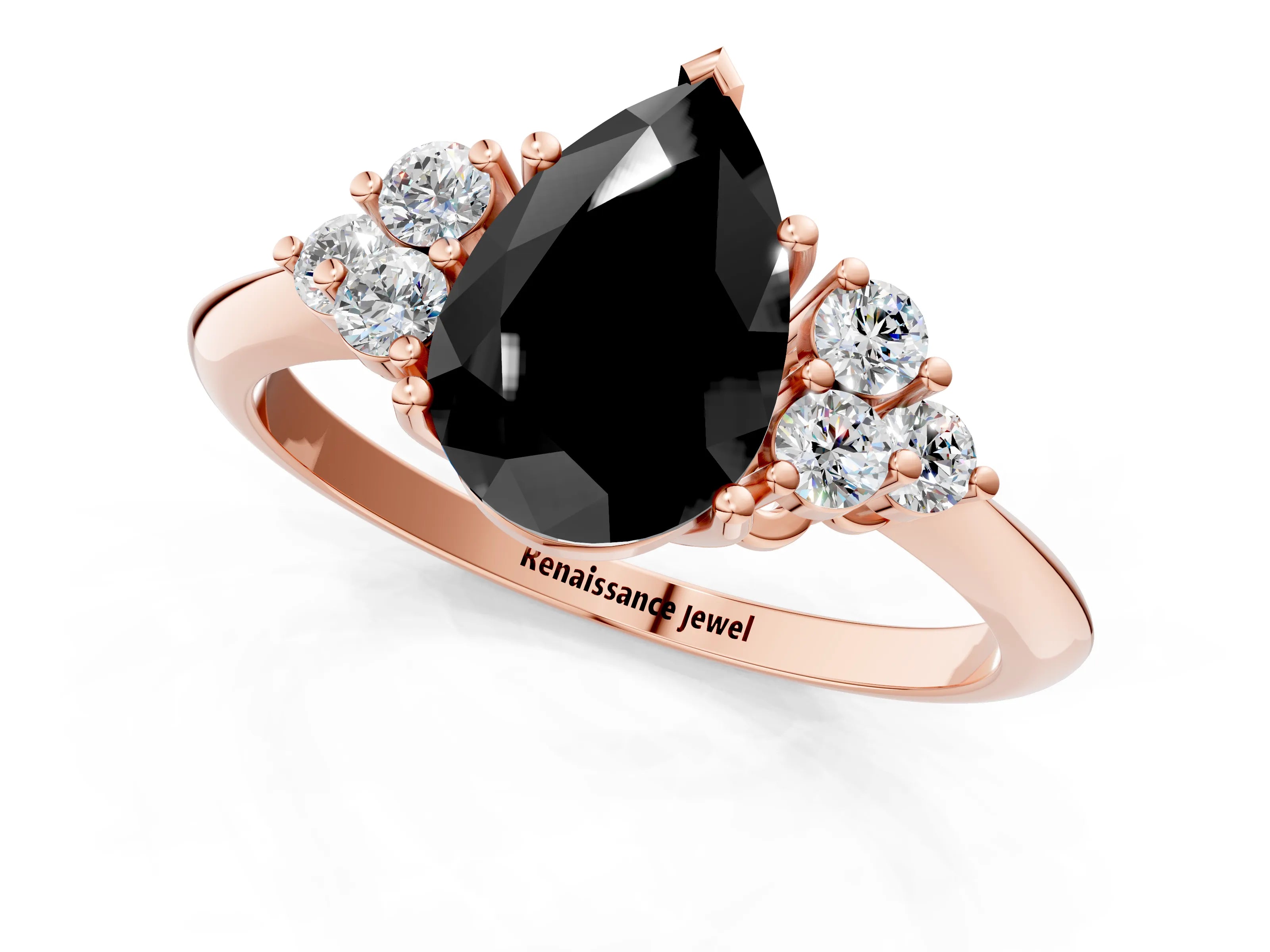 Rose gold Fancy Black Pear Cut Cut Diamond Cluster Ring with Solitaire Band and Four-Prong Setting_13