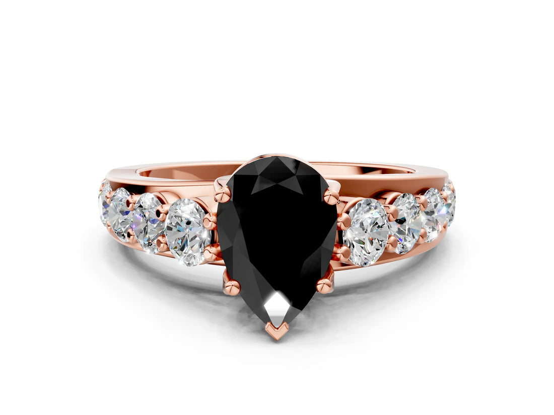 Rose gold Fancy Black Pear Cut Cut Diamond Engagement Ring with Pavé Band and Four-Prong Setting