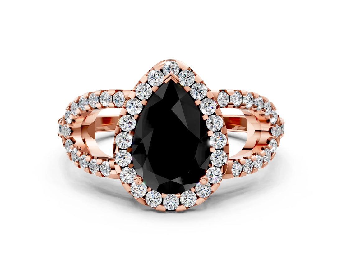 Rose gold Fancy Black Pear Cut Cut Diamond Halo Engagement Ring with Open Split Pavé Band