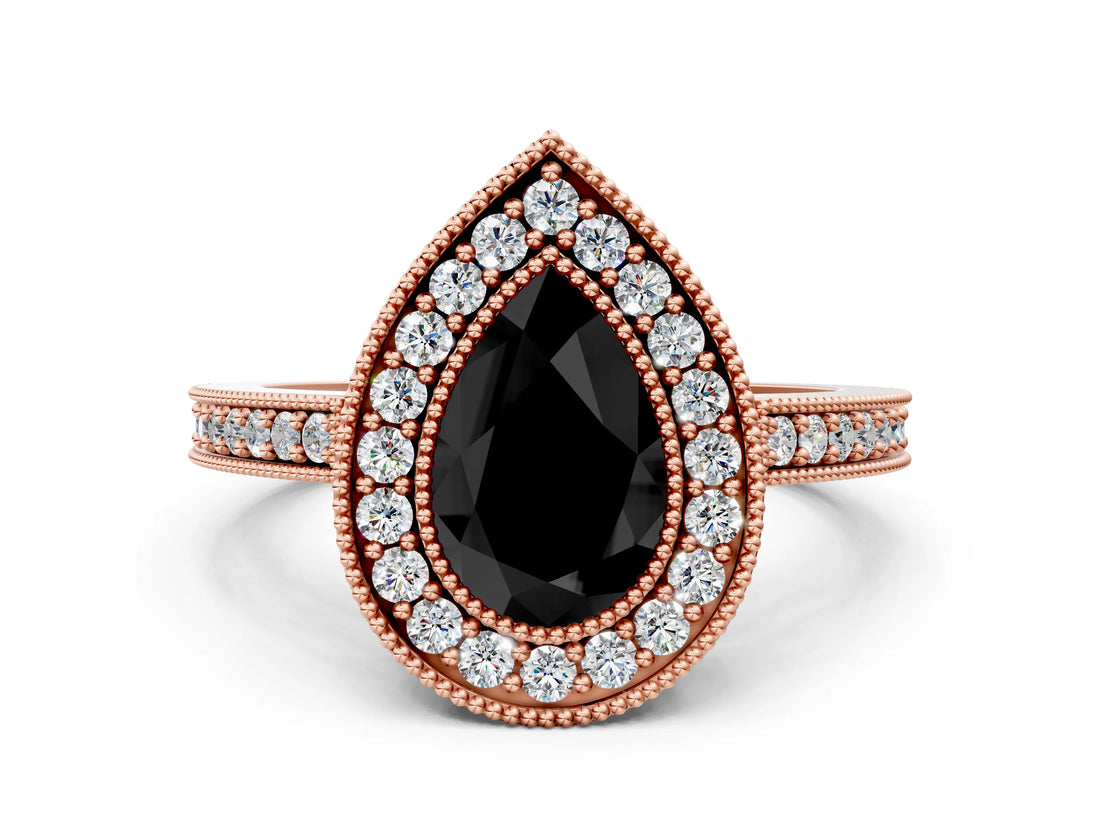 Rose gold Fancy Black Pear Cut-Cut Diamond Halo Engagement Ring with Pave Band and Prong Setting