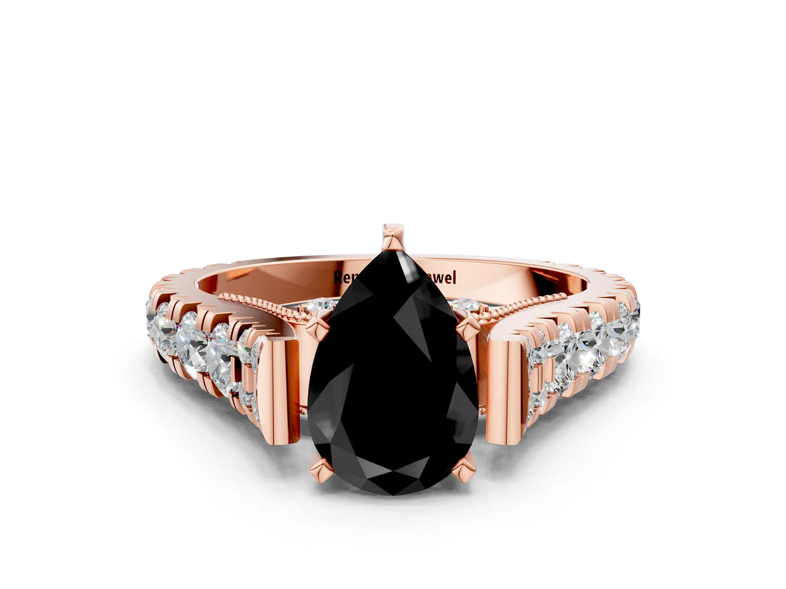 Rose gold Fancy Black Pear Cut Cut Diamond Pavé Band Solitaire with Four-Prong Setting