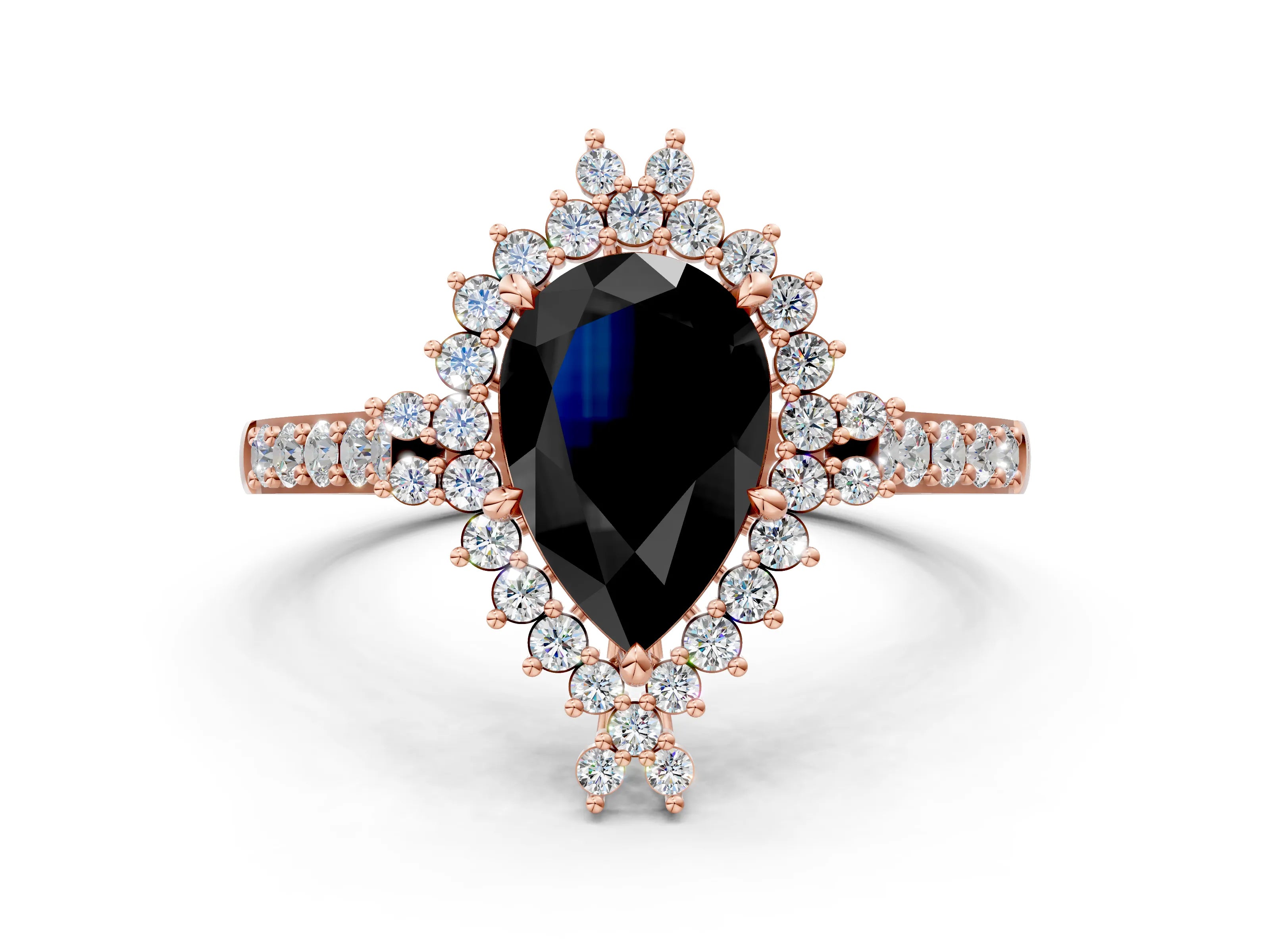 Rose gold Fancy Black Pear Cut Cut Diamond Sunburst Halo Engagement Ring with Pavé Band