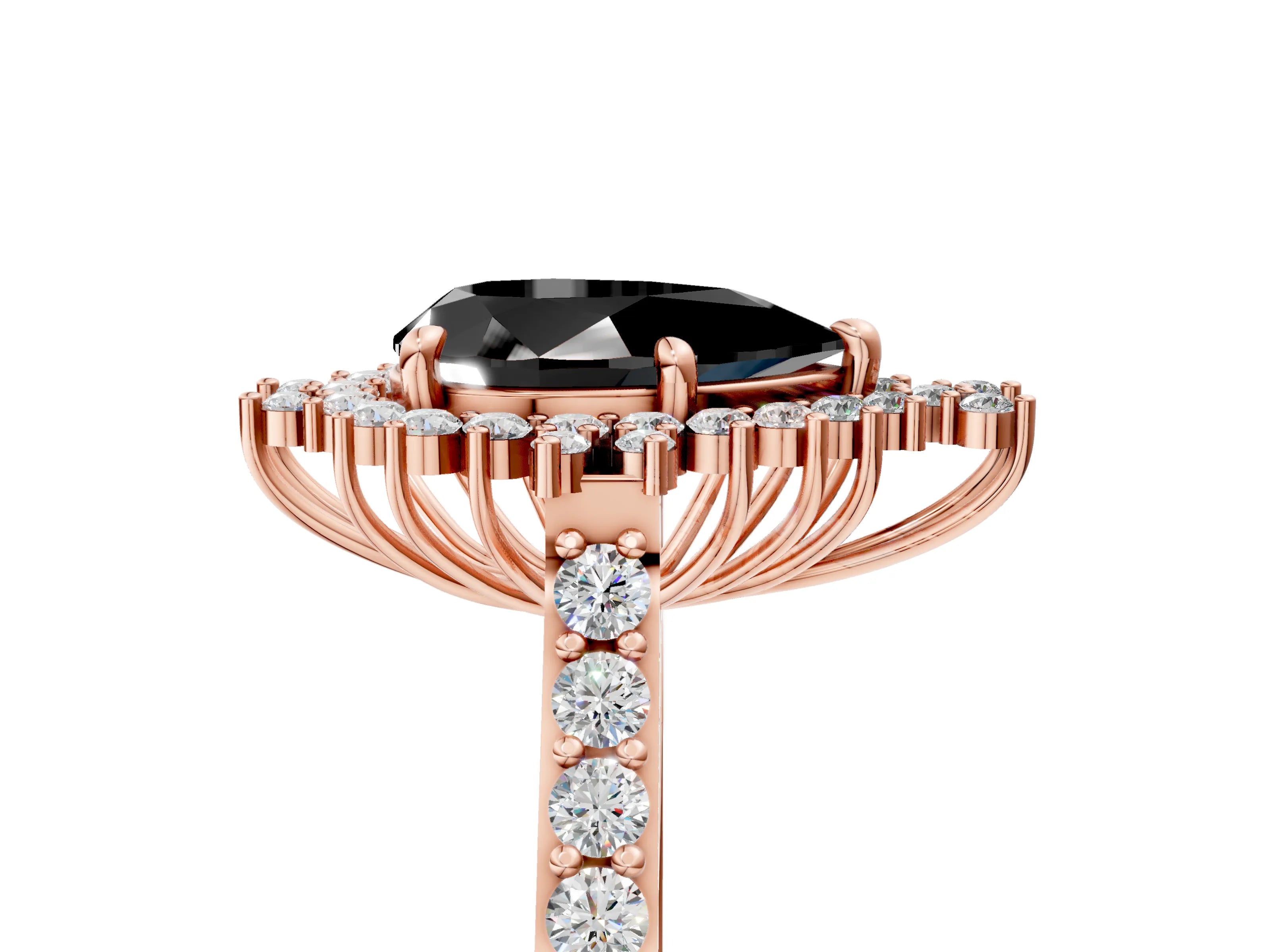 Rose gold Fancy Black Pear Cut Cut Diamond Sunburst Halo Engagement Ring with Pavé Band_5