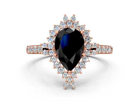 Rose gold Fancy Black Pear Cut Cut Diamond Sunburst Halo Engagement Ring with Pavé Band