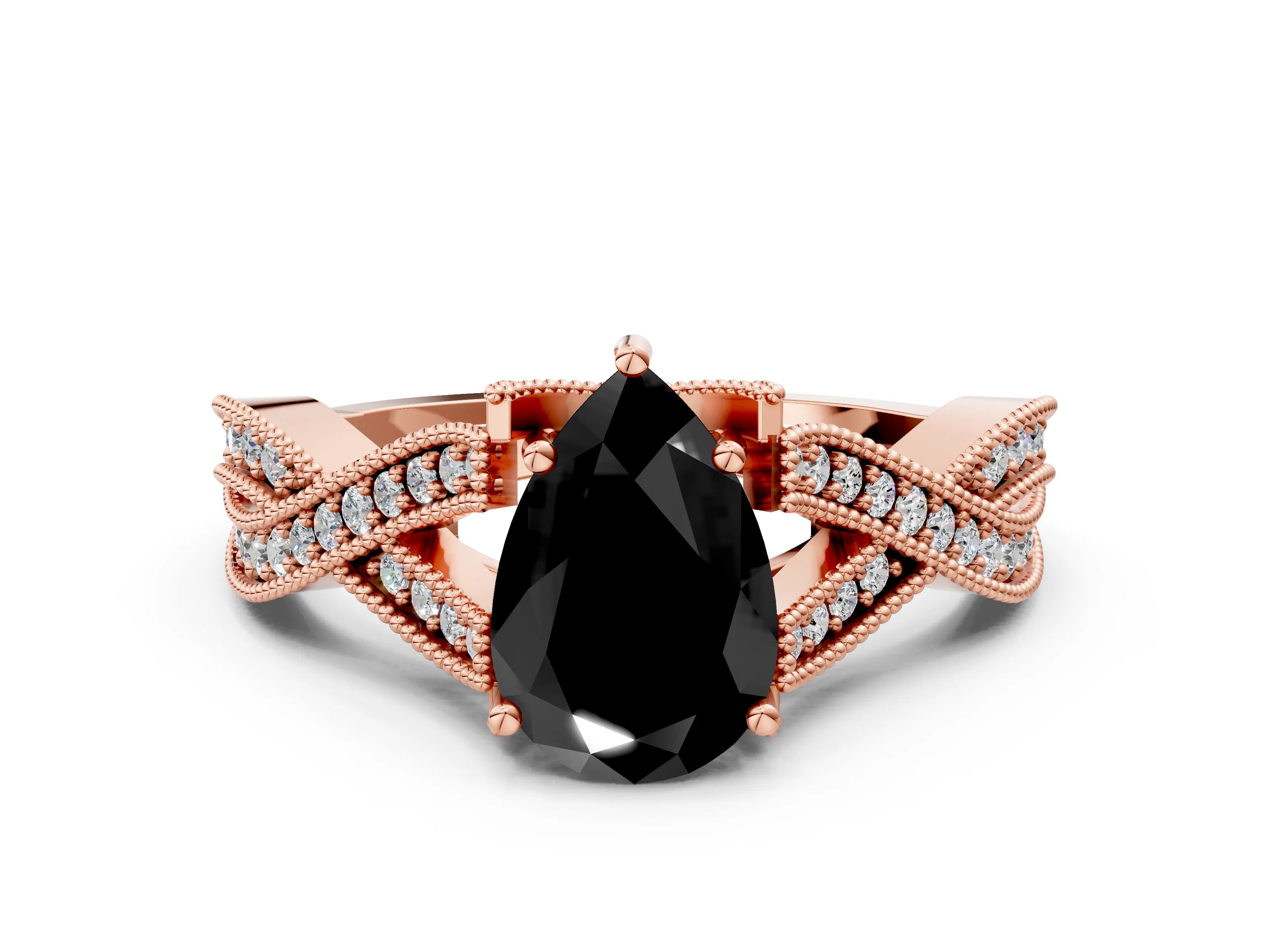 Rose gold Fancy Black Pear Cut Cut Diamond Twisted Band with Milgrain Pave Setting and Four-Prong Setting