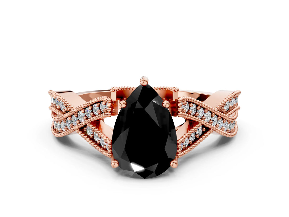 Rose gold Fancy Black Pear Cut Cut Diamond Twisted Band with Milgrain Pave Setting and Four-Prong Setting